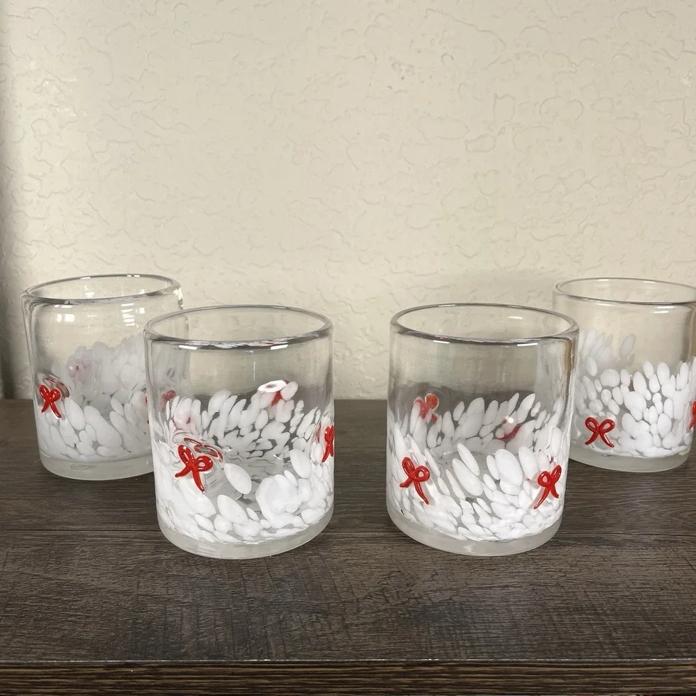 Bubble Glass Swirl Red Bow Tumblers 4 Christmas in July Anthro Style Kitsch
